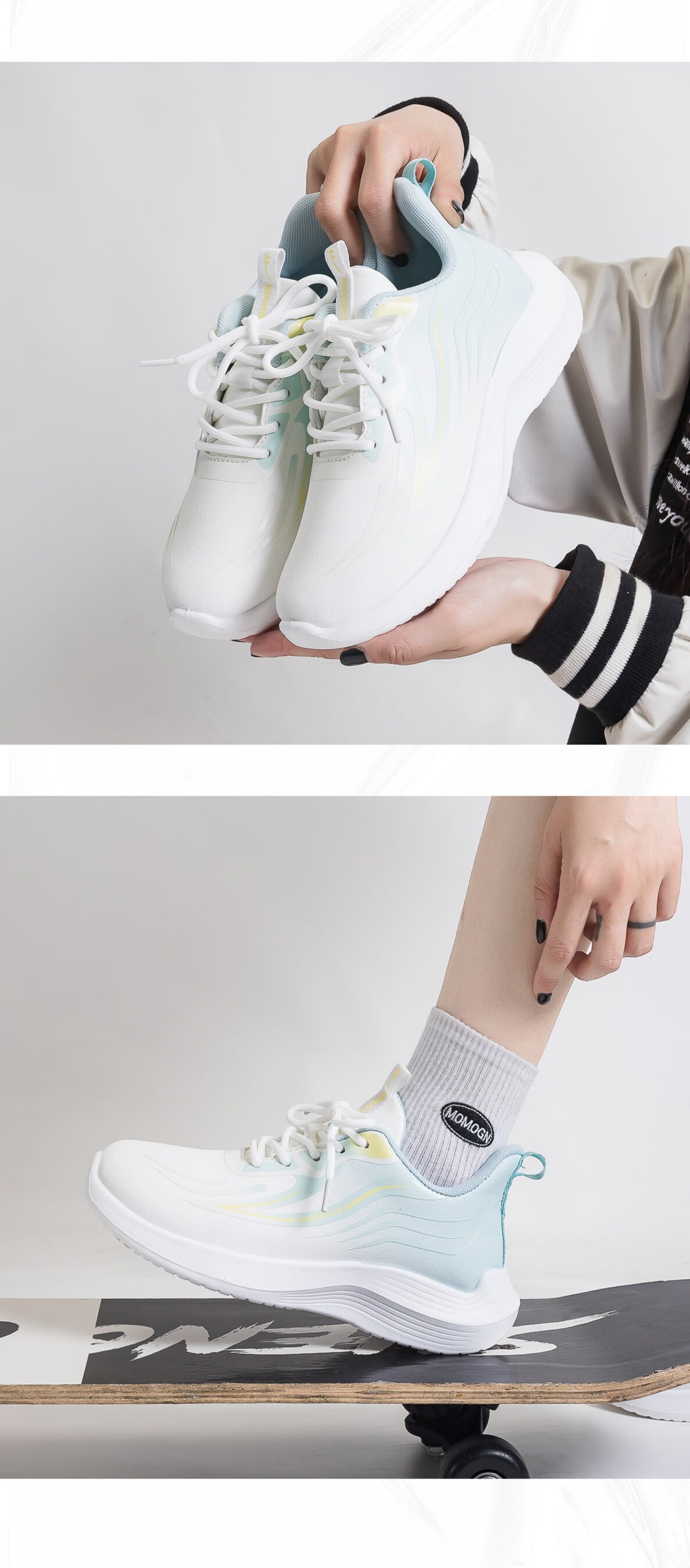 Huili Women's Leather Sneakers, Lightweight Casual Soft-Soled Shock-Absorbing Running Shoes WXY1550 White Blue 37 5
