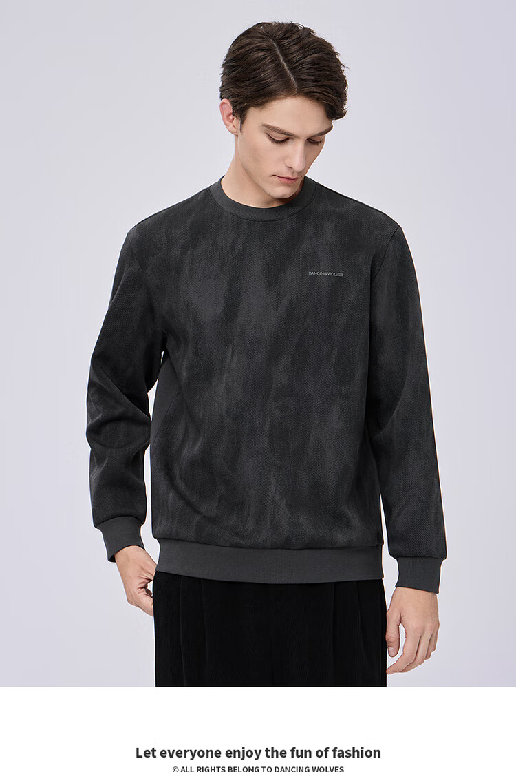 Dance with Wolves [Anti-Static & Antibacterial] Faux Denim Print Crewneck Trendy Casual Versatile Sweatshirt 015 Dark Gray XL 1