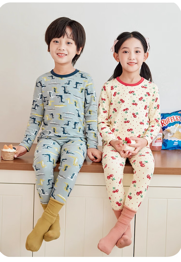 XUEXIMAN Kids Cotton Antibacterial Thermal Underwear Set Boys Girls Baby Warm Pajamas Homewear 5