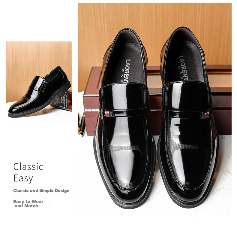 LAORENTOU Leather Shoes for Men, Spring And Autumn Business Formal Shoes, Cowhide Slip-On Patent Leather Shoes, Everyday Men's Shoes, 130361 Black Size 39 11