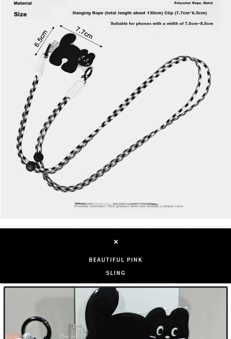 Dipuer Detachable Phone Strap with Adjustable Crossbody Sling, Neck Strap, Anti-Loss And Drop Protection, Cartoon Design, Suitable for All Phones, Black Cat 2