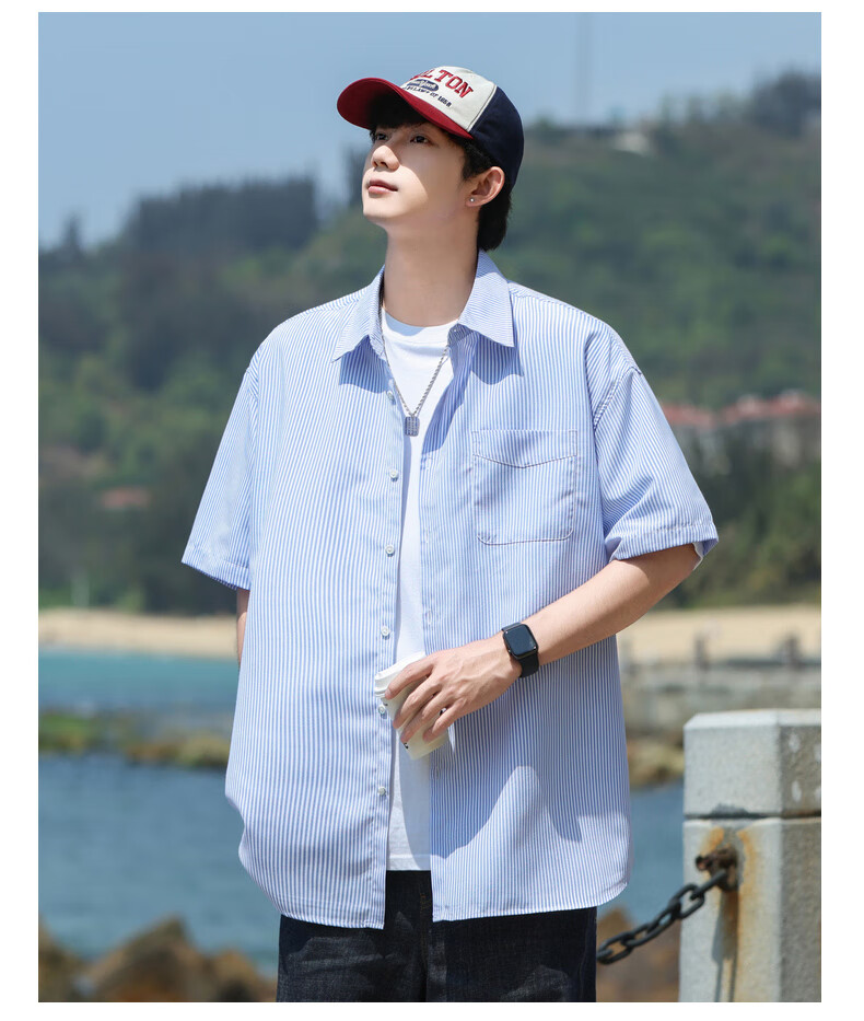 SWAMP AREA Japanese-Style Short-Sleeve Shirt for Men, Summer Trendy Versatile Loose Striped Workwear Shirt Jacket CS2512 Blue XL 11