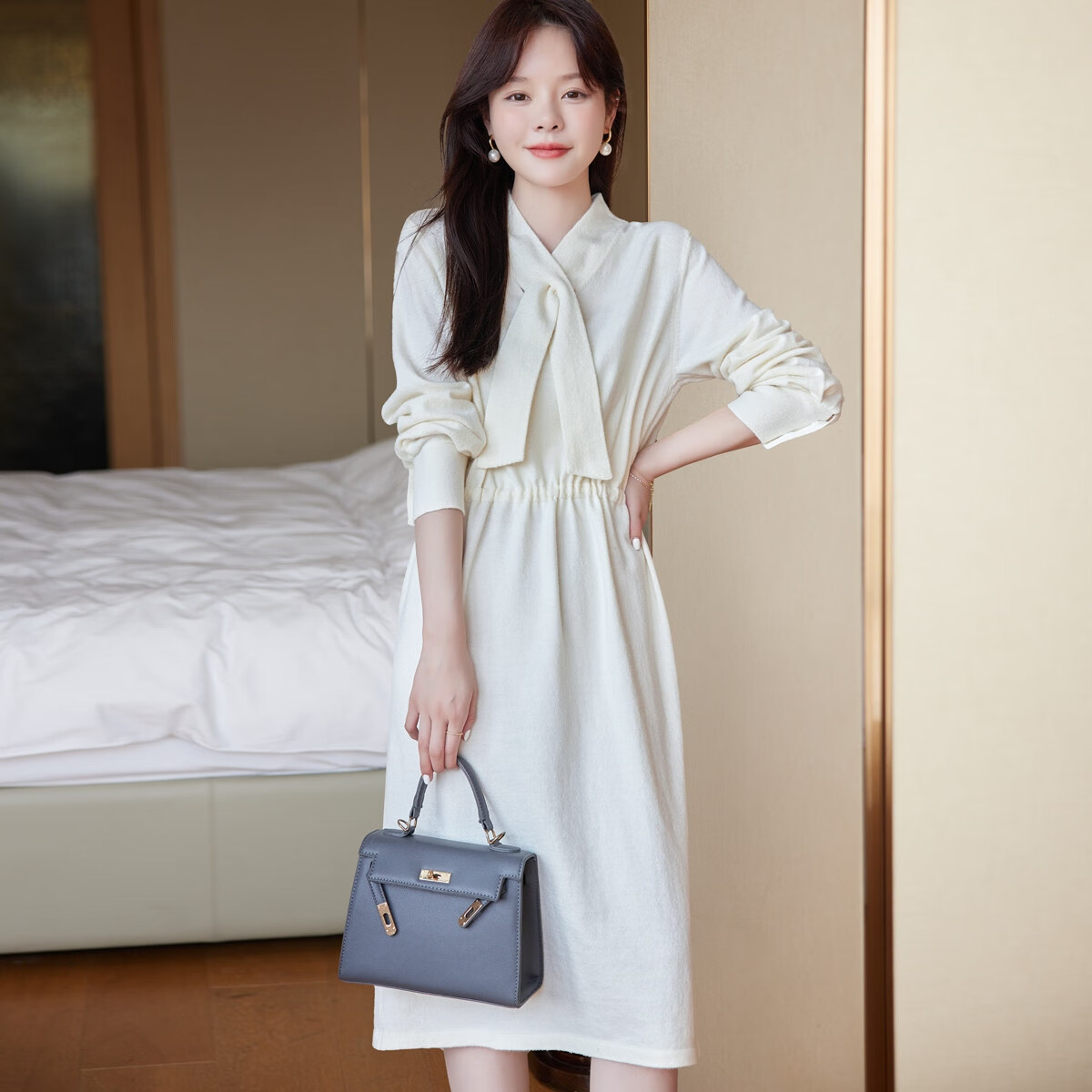 Mt [Pure White Jasmine] Spring And Autumn, Puff Sleeve Waist-Cinching Design, Gentle Office New Chinese-Style Knitted Dress