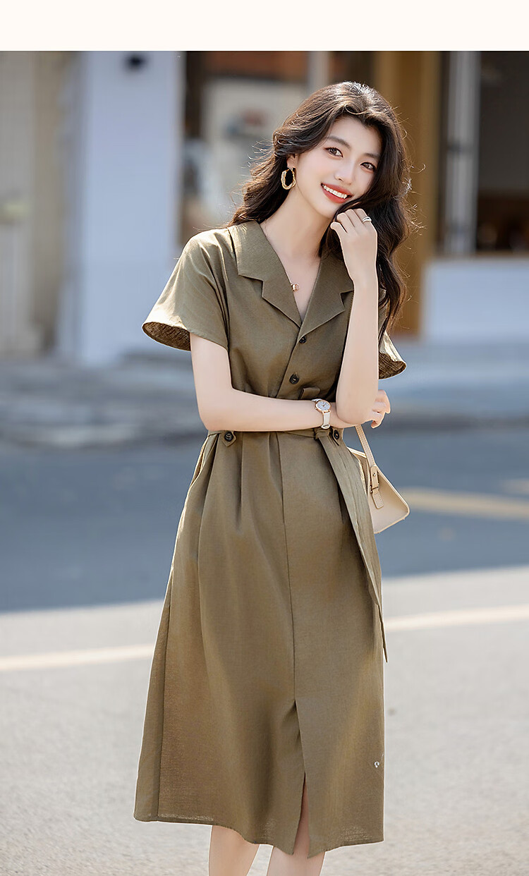 Dme [Smooth Linen Cotton Bamboo Blend] Summer Elegant Office Wear Lapel Tie Three-Button Short-Sleeve Women's Dress 12