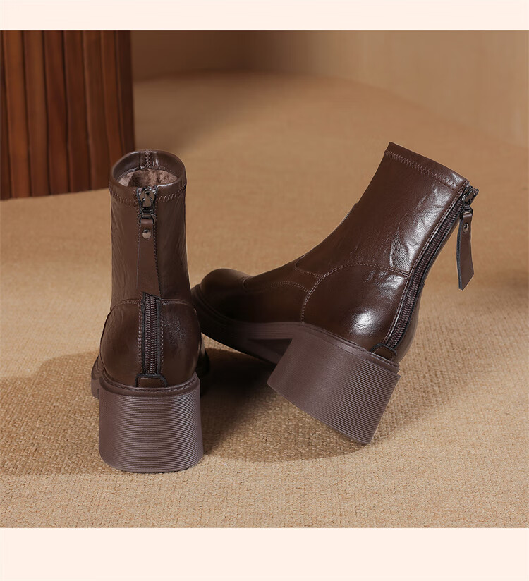 DAPHNE Women's Short Elastic Slim Boots Winter Fleece Warm Thick High Heel Leather Ankle Fashion Boots Fleece Black 35 5