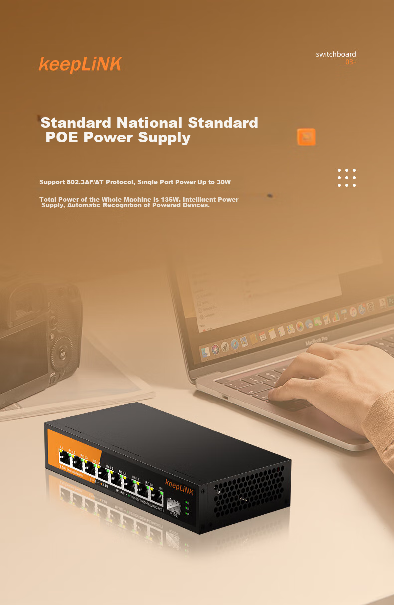 KeepLINK KP-9000 8-Port Enterprise-Grade POE 2.5G Switch + 1 Gigabit Cascading Port, Security Monitoring Network Networking Splitter, 135W/unit 2