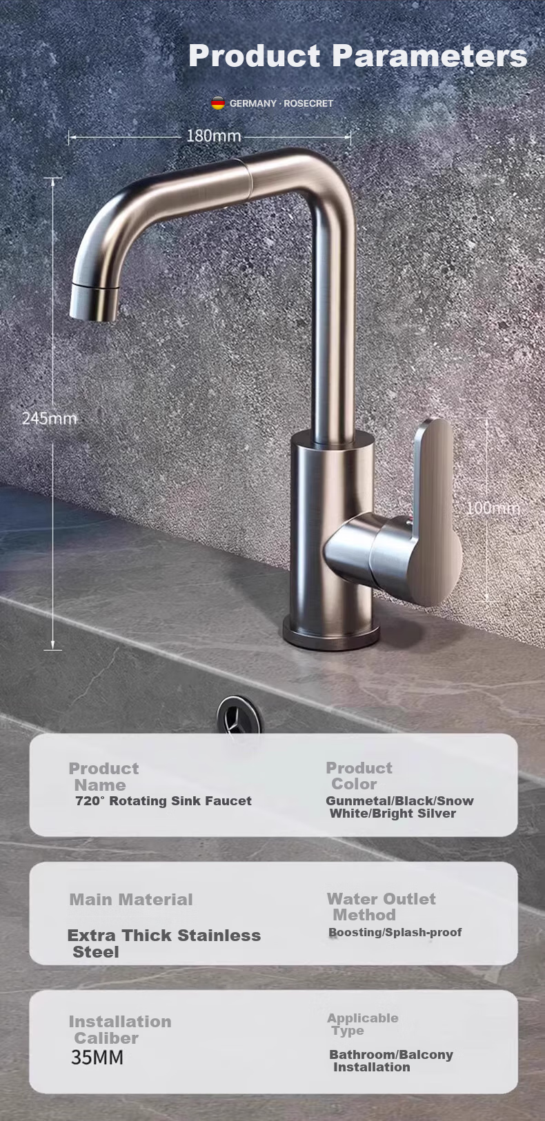 Rosecret 【Germany】Extra Thick Stainless Steel Basin Faucet High Polish Household Bathroom Hot and Cold Wash Basin Faucet MPLT 19