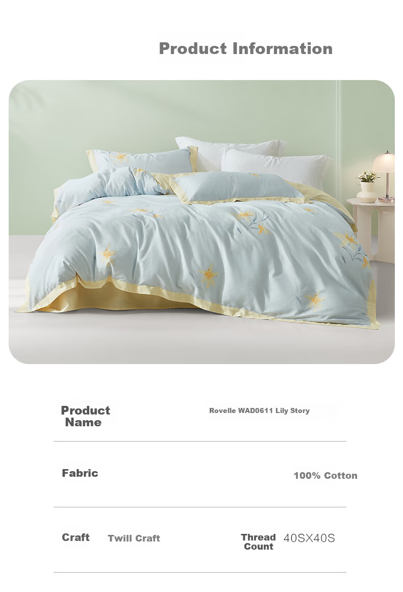 LUOLAI Home Textiles, Pure Cotton Four-Piece Bedding Set, Bedsheet And Duvet Cover, 100% Cotton Floral Pattern Set, Lily of The Valley, Blue, 220*250 6
