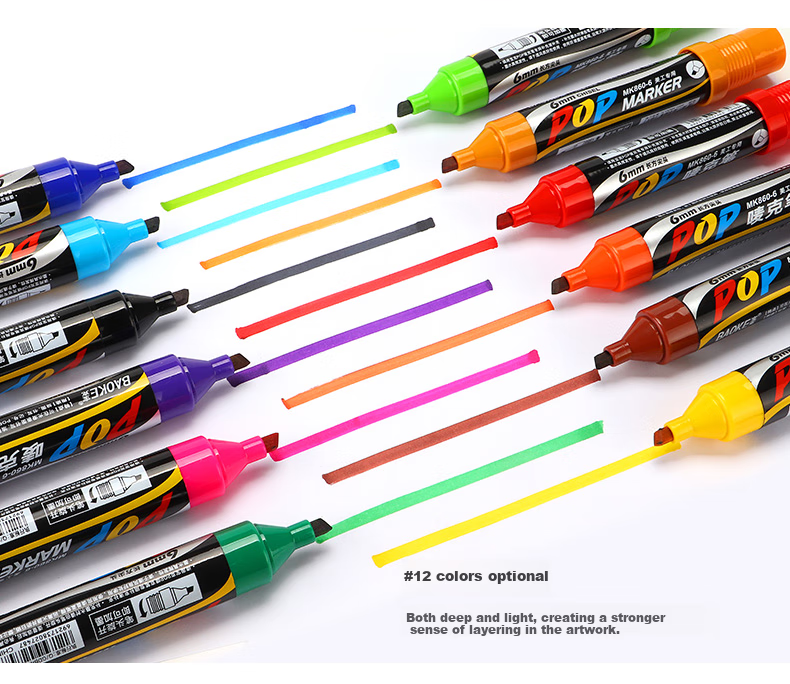BAOKE MK860-6 12-Color POP Marker Set, Poster Advertising Paints, Colored Marker Pens, 6mm 6