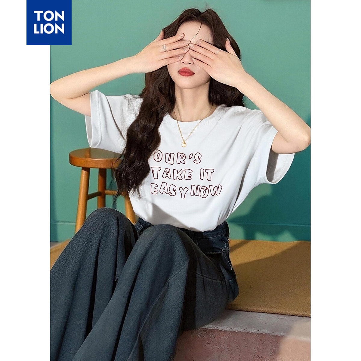 TonLion 2025 Summer Women's Front Chest Print Round Neck Short-Sleeve T-Shirt, Off-White, M