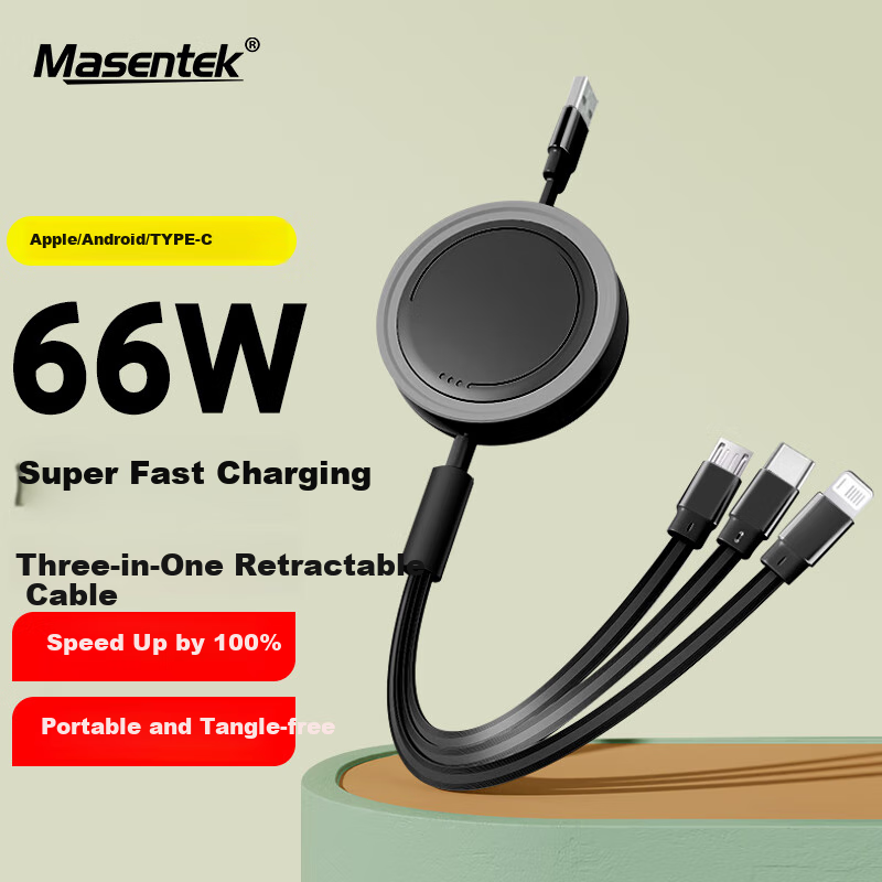 Кабель зарядный Masentek 3-в-1 Retractable, 66W, для Apple, Type-C, Android, Lightning, USB Micro