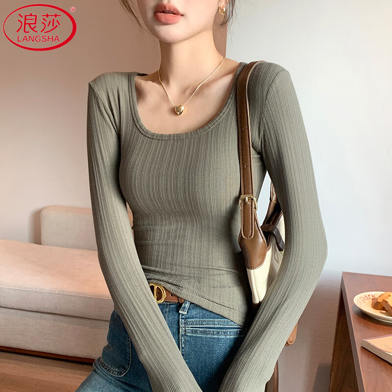LangSha Women's Slim Fit U-Neck Long Sleeve T-Shirt Autumn 2025 New Stylish Basic Top