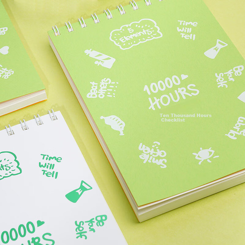 Chenzao Ultra Self-Green Series, One Million Hours Checklist A5 Spiral Notebook, Study Planner, 10000 Hours Daily Check-In Notebook, 100 Pages - Gree
