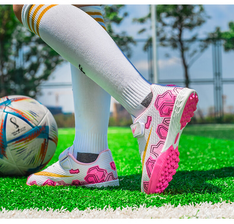 Shuangxing Children's Soccer Shoes, TF Turf Cleats, Summer Student Youth Big Kids Lightweight Non-Slip Wear-Resistant Football Boots, White And Pink, Size 34 14