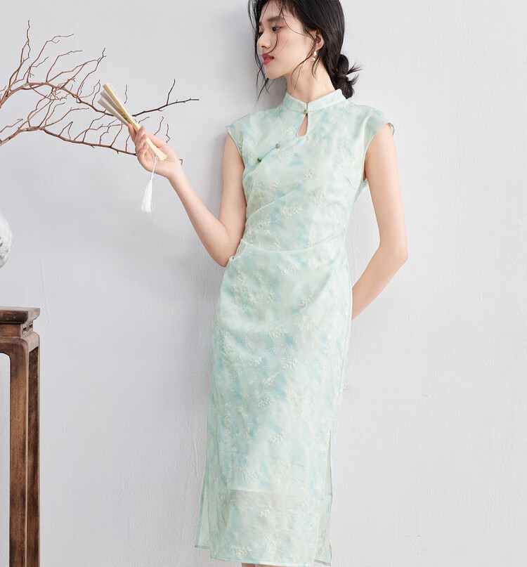 Sentubila Modified Qipao Chinese Style Dress Women Summer Waterdrop Hollow Stand Collar Embroidered New Chinese Waist Slimming Mid-Length Dress 9