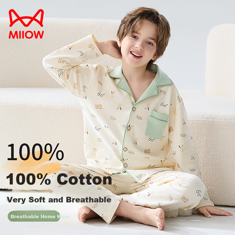 Детская пижама MiiOW из 100% хлопка, для мальчиков и девочек, весенне-летняя одежда для дома, комплект детской пижамы с длинным рукавом и воротником