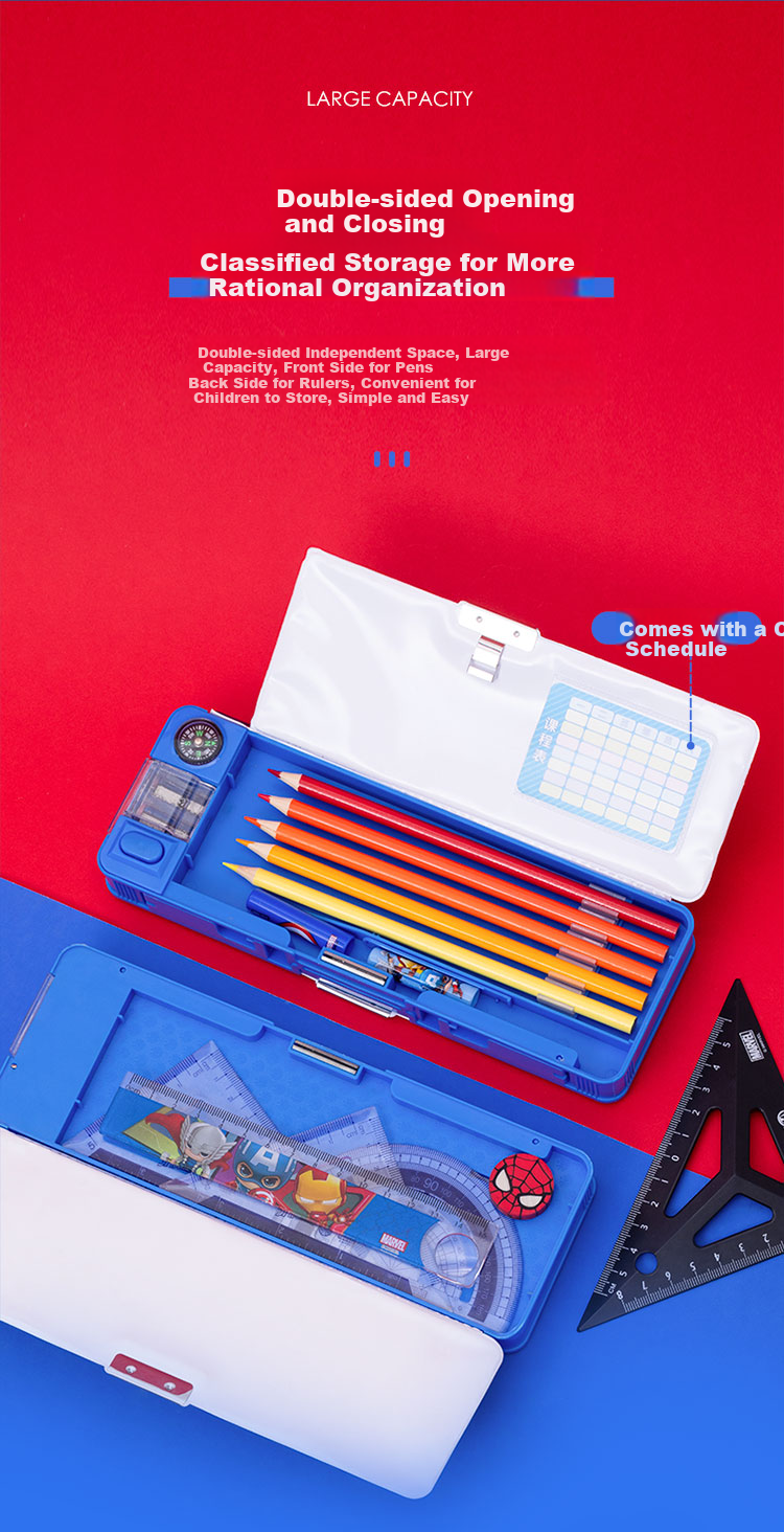 Disney Elementary School Pencil Case, Multifunctional Plastic Pencil Box with Sharpener And Compass, Graduation Gift Birthday Present Double-Sided Large Capacity Pencil Case, Spider-Ma 2