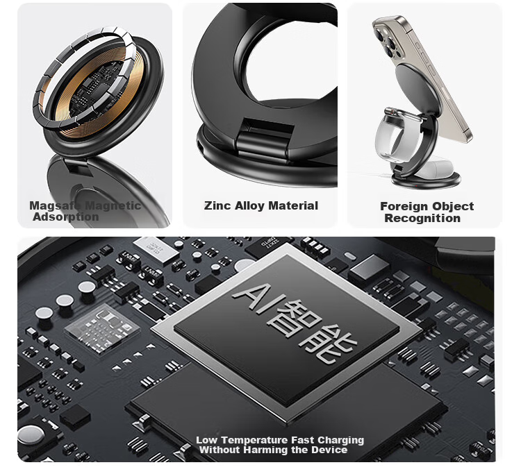 Jingshan Multifunctional MagSafe Foldable Three-In Magnetic Wireless Charging Stand for Apple IPhone Watch And Earphones, Desktop Charger, 15W Foldable Portable Fast Charging 2