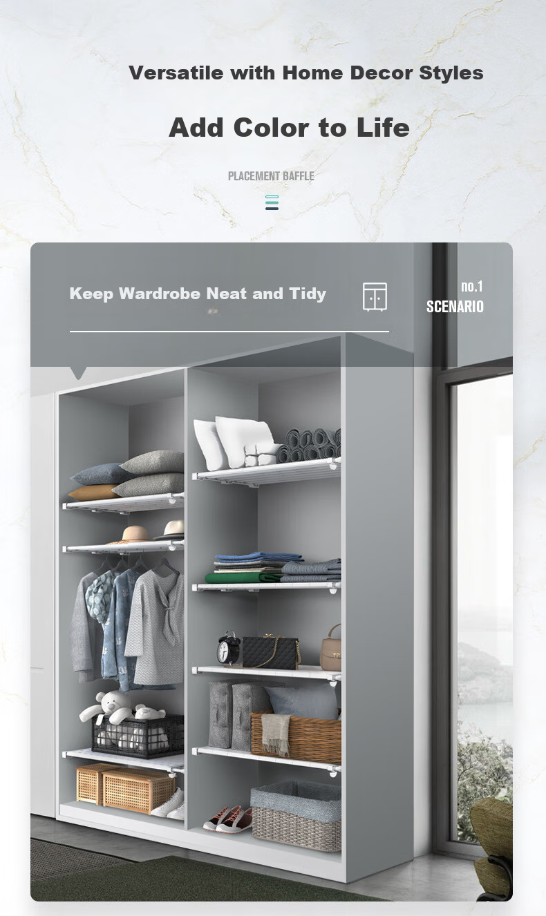 Shuranjia Extendable Wardrobe Divider Shelf, Internal Partition Board, Layered Rack, White Steel Tube, Width 42cm, Length 56-95cm 16