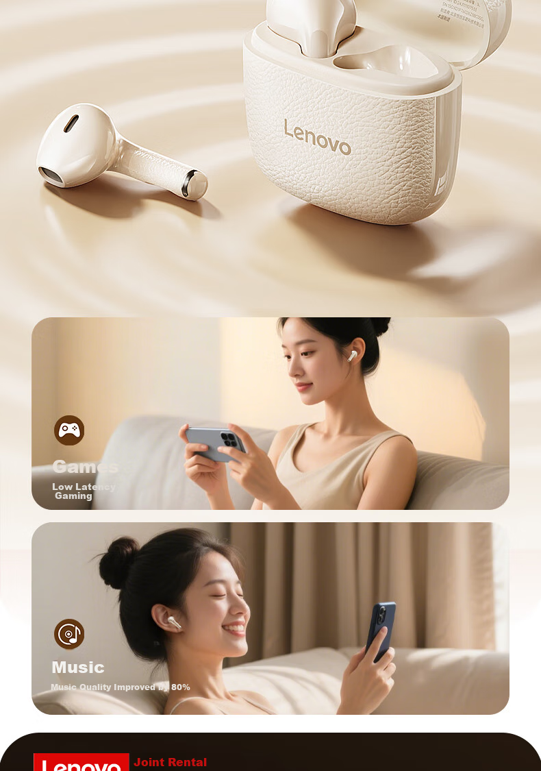 Lenovo Bluetooth Earphones, Semi-In Style, 2026 Popular Model, Bluetooth 5.4, Low Latency, High Sound Quality, Long Battery Life, HD Audio, Wireless Headphones, EA166, Moon Rock White 8