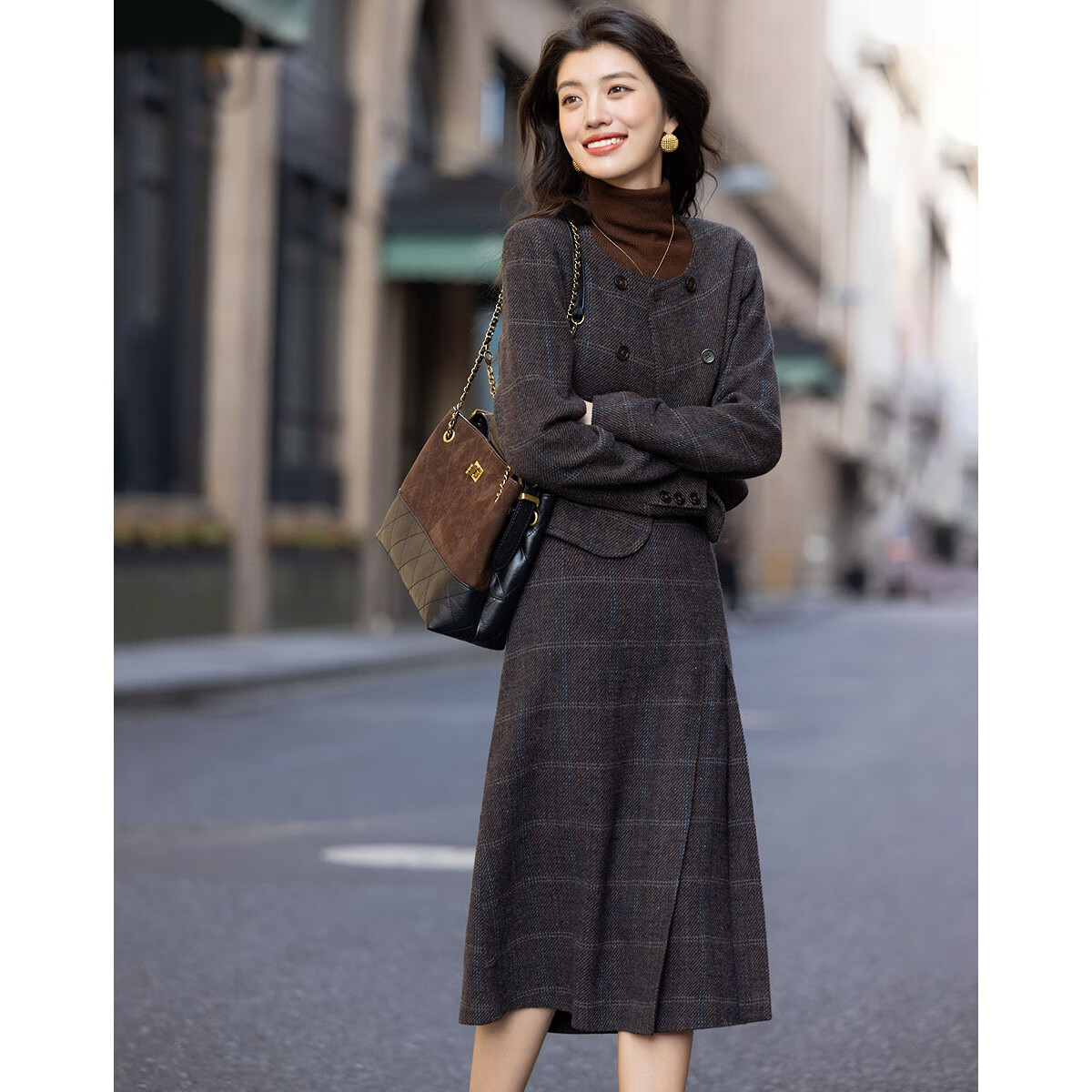 Demana Vintage Socialite Set Winter Wool Blend Crew Neck Cropped Top and Plaid A-Line Skirt Two-Piece Set for Women