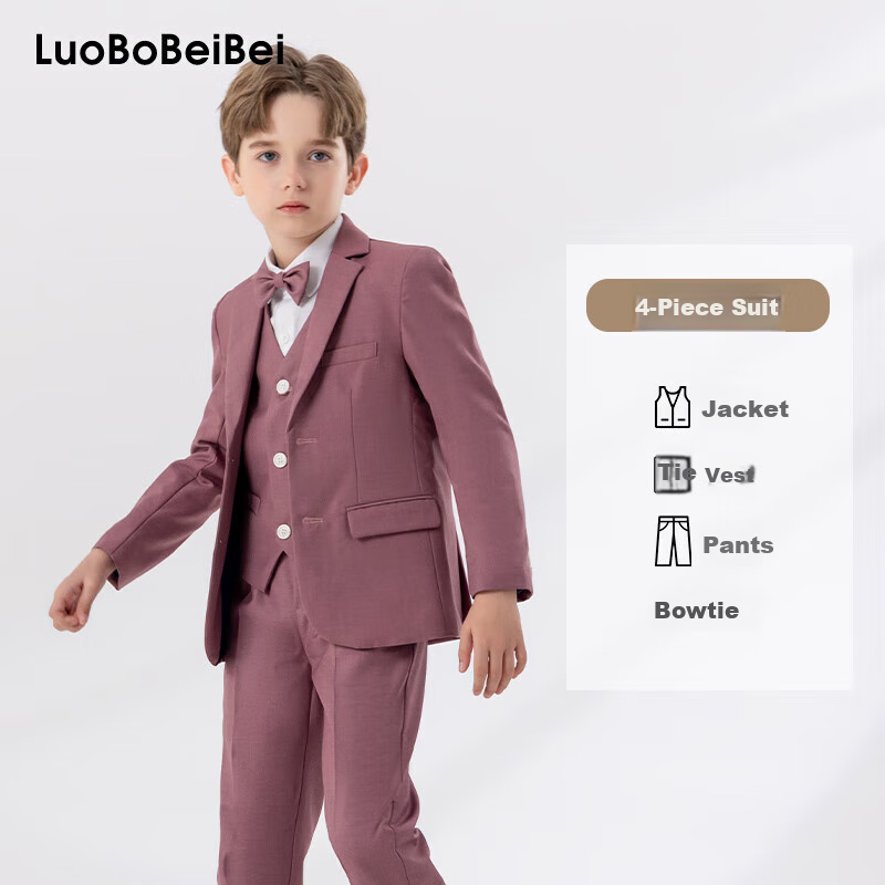 LUOBOBEIBEI Children's Small Suit, Handsome Boys' British-Style Blazer Jacket, Spring New Year Outfit, Pink Four-Piece Set, Size 120