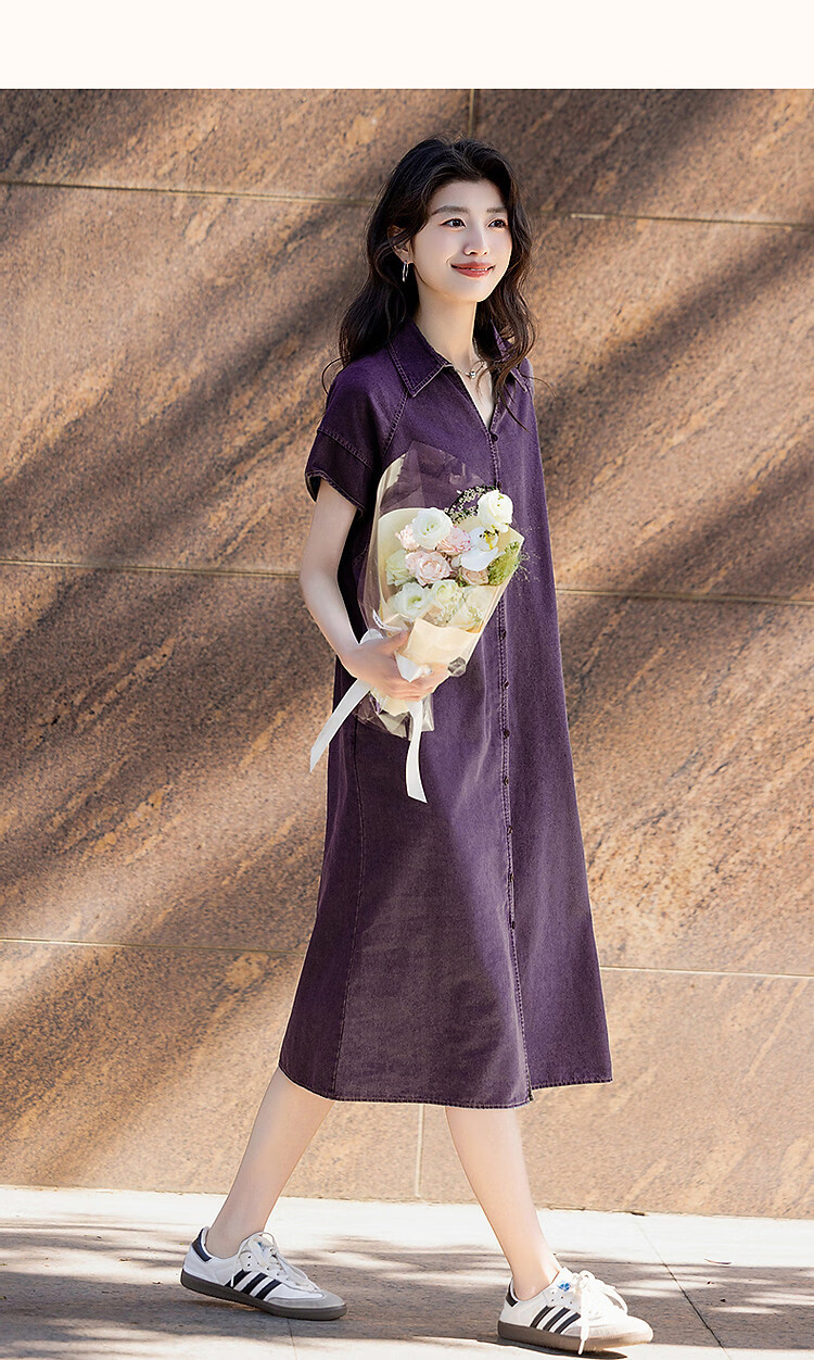 Dme Practical Summer Simple Style Lapel Cloud Cotton Loose Comfortable Short Sleeve Women's Denim Dress 16