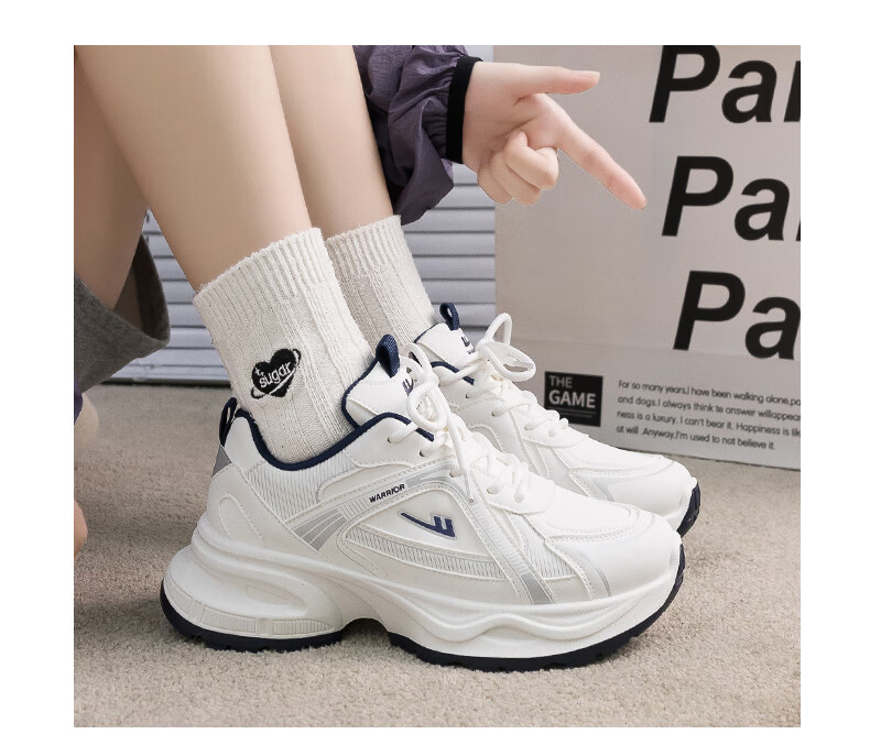 Warrior Women's Sneakers 2026 Spring New Leather Dad Shoes Thick Sole Height Increasing Couple Versatile Running Shoes 2