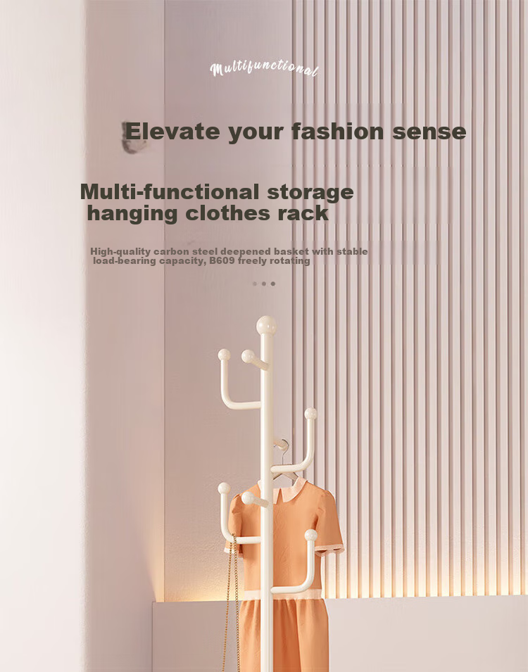 Yijia Coat Rack, Floor-Standing Clothes Rack, Coat And Hat Stand, Movable Home Drying Rod Storage Rack, Cream White Straight Rod with 7 Hooks 1