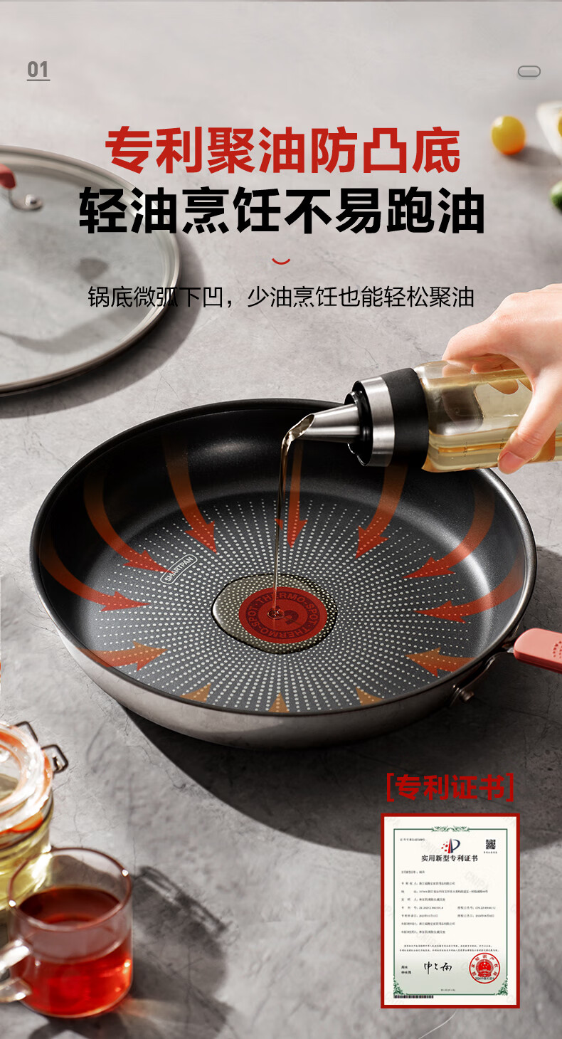 SUPOR Frying Pan with Red Heat-Dot Oil-Gathering Coating, Titanium Non-Stick Pan for Steak, Flat-Bottom Pan for Eggs, Compatible with Induction Cooker EJ26CAS01 1