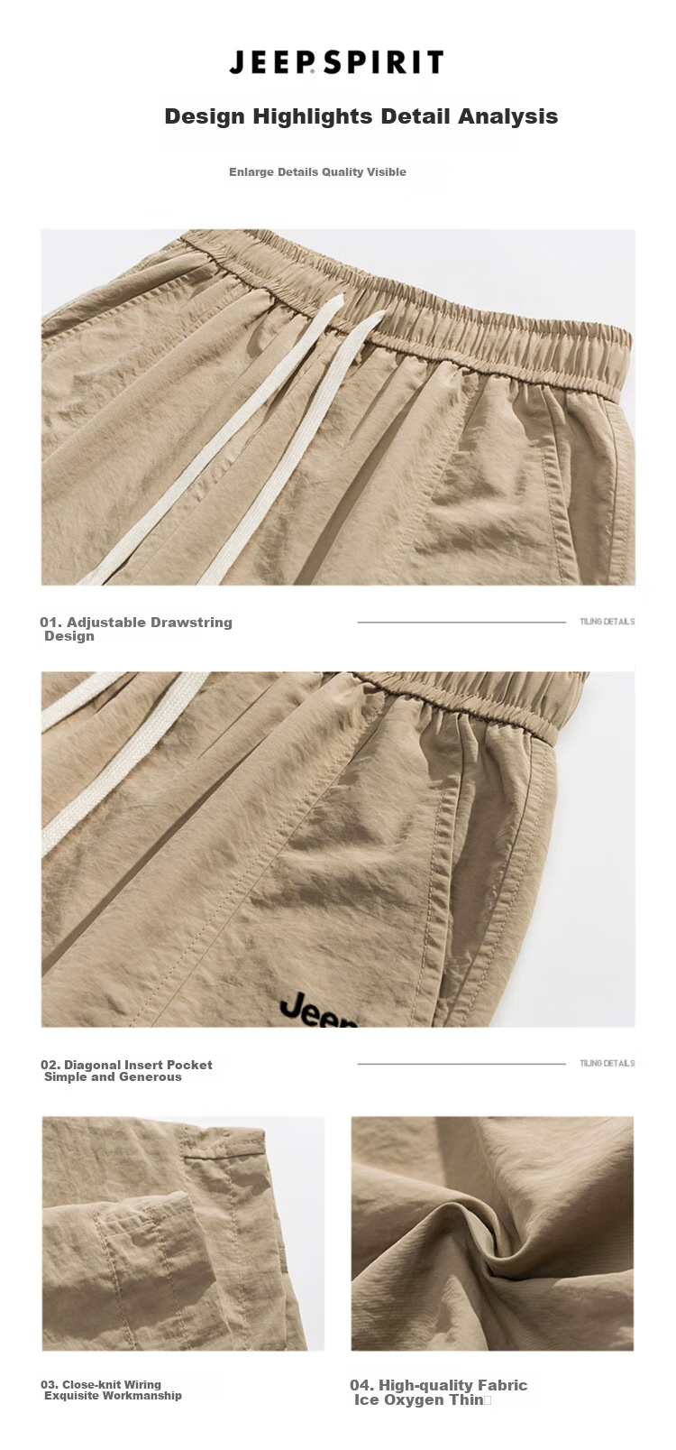 JEEP SPIRIT Men's Shorts, Summer Ice Silk Quick-Dry Sports Pants, Casual Cargo Shorts, Thin Mid-Length Shorts for Outdoor Wear 4