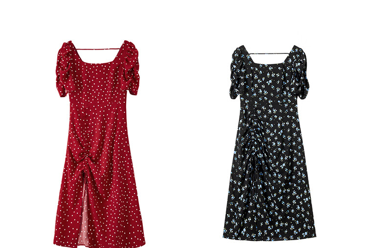 Sentubila French-Style Dress for Women, Summer Square Neckline, Ruched Sleeves, Vintage Polka Dot, Pleated Slit A-Line Skirt 19