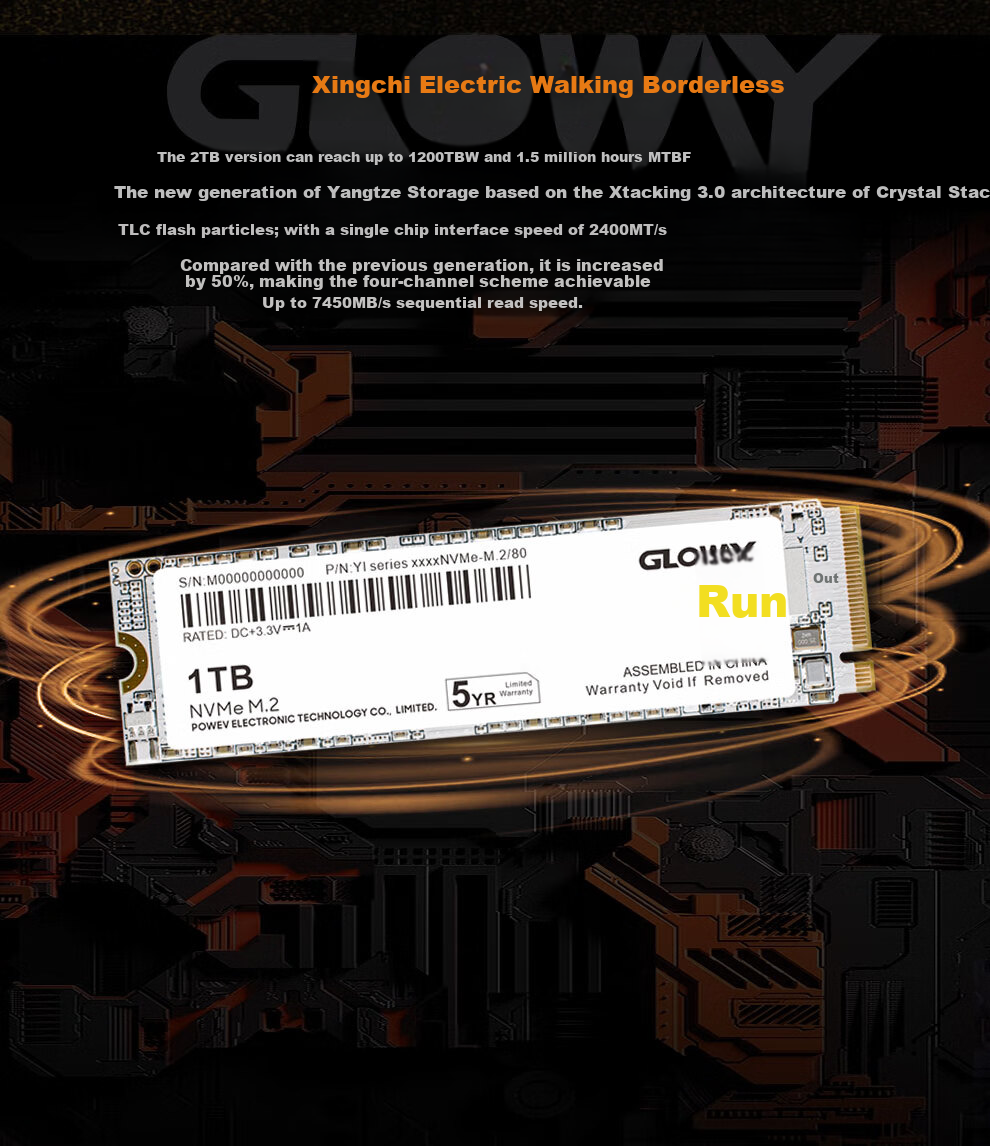 Gloway 1TB SSD, M.2 Interface (NVMe Protocol), PCIe 4.0x4, 7450MB/s, Yangtze Memory TLC Particles, Bo Series 5