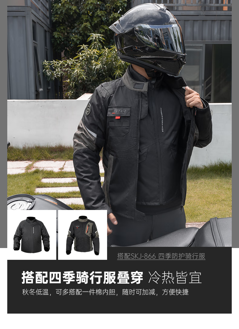 STAR FIELD KNIGHT Motorcycle Riding Jacket, Summer And All-Season Warm Fleece-Lined, Outdoor Motorbike Travel Gear, Black, Size 3XL 28