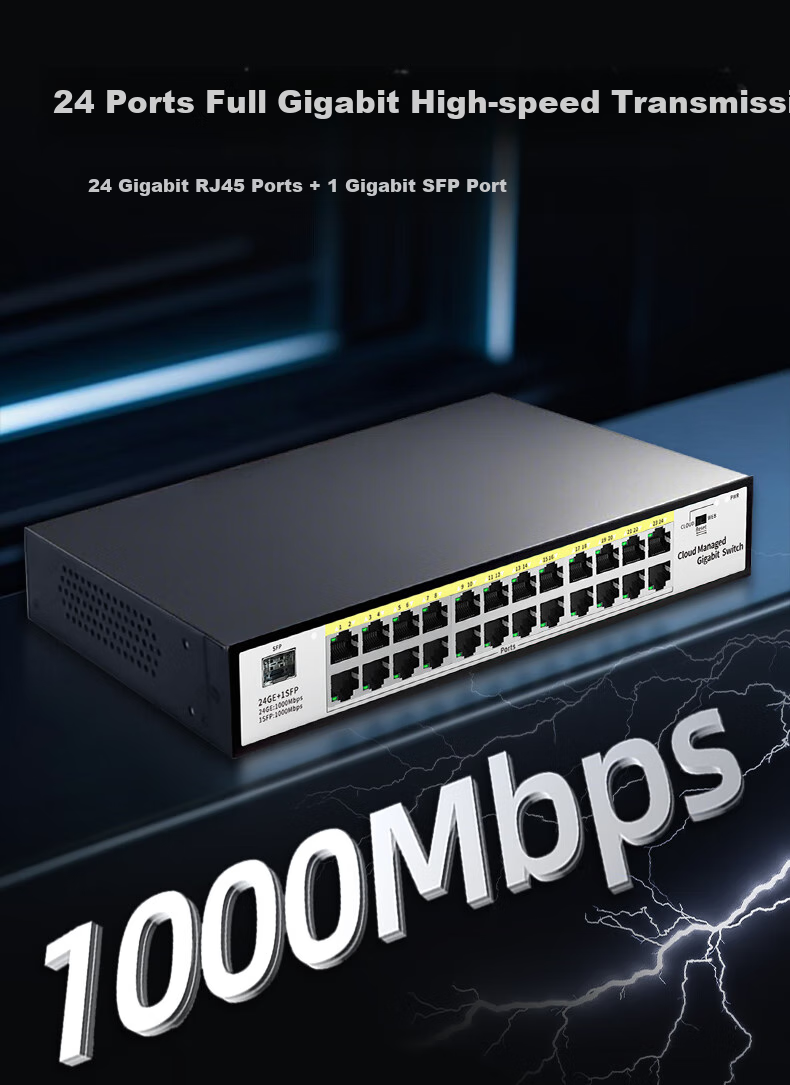 Huoyi 25-Port Gigabit Switch, 24 Gigabit Ports + 1 SFP, Managed Switch, Monitoring Network Cable Splitter, Enterprise-Level Switch, Splitter 4