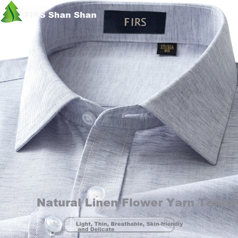 FIRS Linen Blend Short-Sleeve Shirt for Men, Summer Casual Business Lightweight Cool Cotton-Linen Blouse, Light Gray, Size 43
