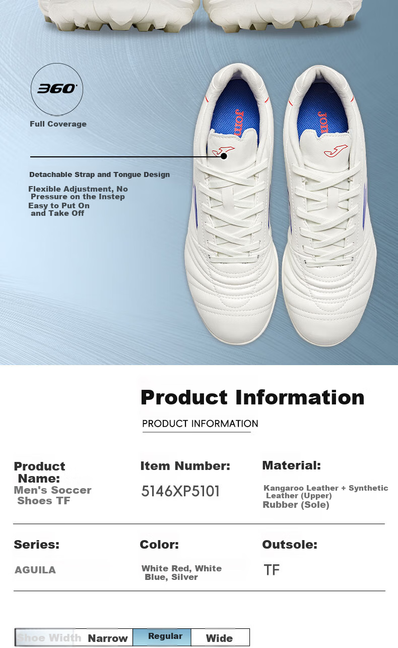 JOMA Kangaroo Leather Soccer Shoes for Men, TF Turf Studs, Adult Youth Student Professional Competition Football Training Shoes, White And Blue, Size 35 5