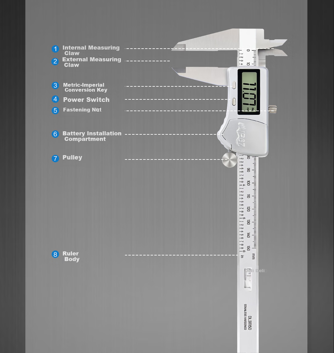 Deli Zinc Alloy Professional Digital Caliper with Stainless Steel Waterproof High Precision Vernier Laboratory Absolute Origin + IP67 19