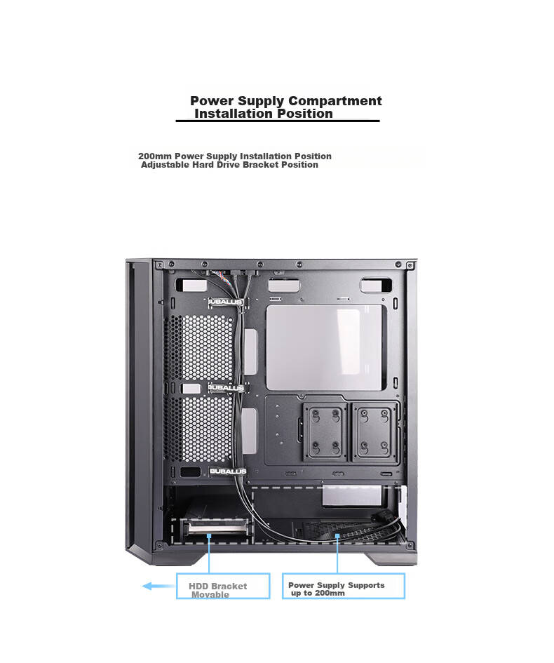 BUBALUS Guardian S301 Black Computer Desktop Case (Top And Front Dual 360mm Water Cooling Positions / Supports E-ATX / Full Side Glass Panel / 12 Fan Positions) 8