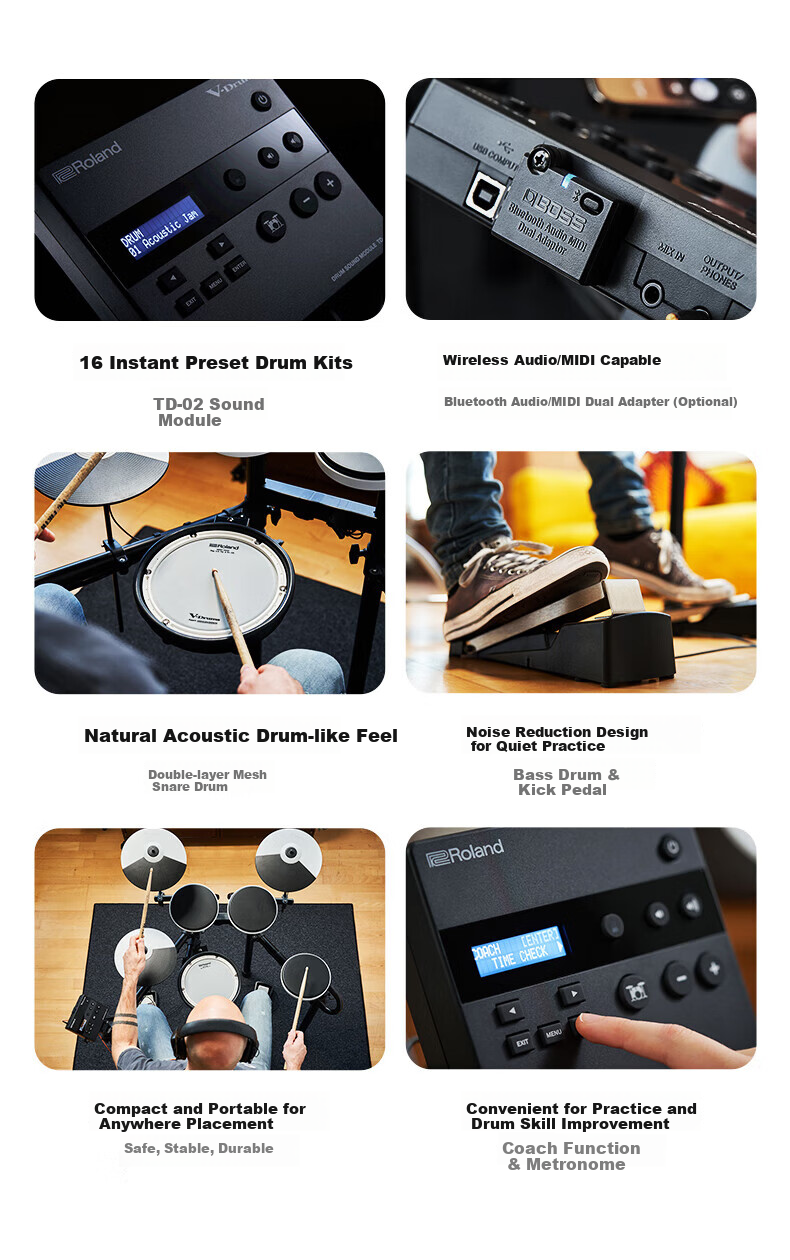 Roland TD-02KV Entry-Level Electronic Drum Set TD02KV (Five Drums Three Cymbals) Official Package with Drum Stool And Headphones Gift Set 2