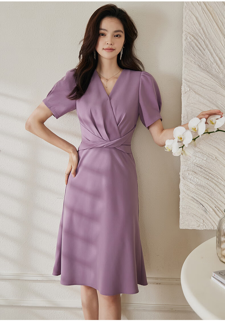 ROEYSHOUSE Slim Waist Twist Knot Dress Summer Elegant Puff Sleeve Mid-Length Dress 06439 Light Purple M 7