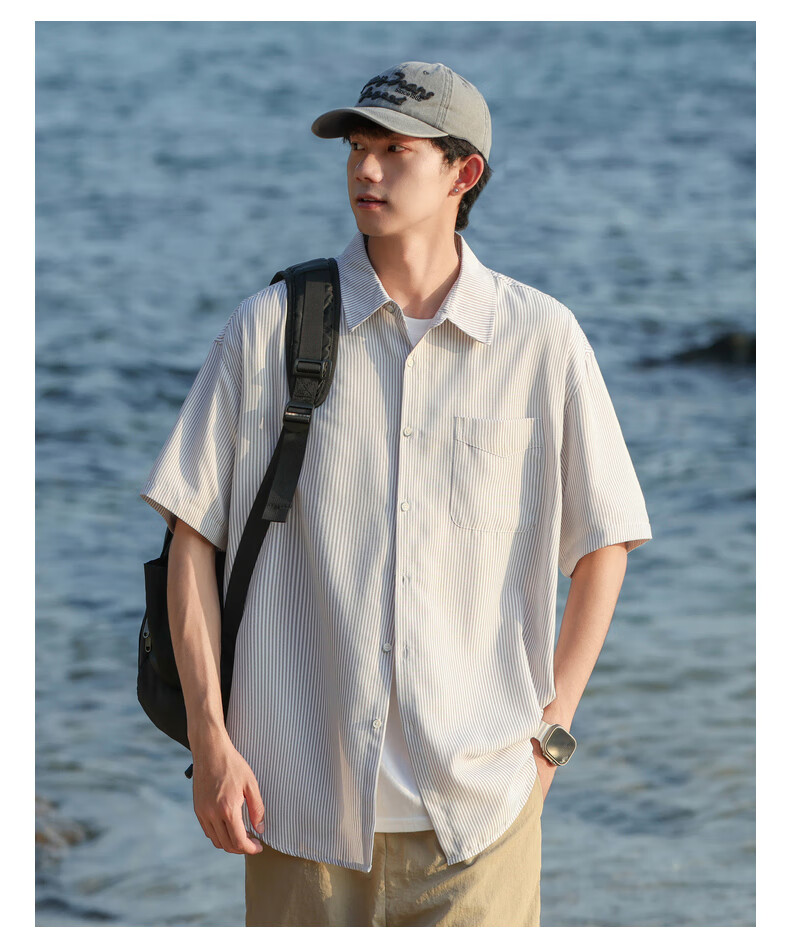 SWAMP AREA Japanese-Style Short-Sleeve Shirt for Men, Summer Trendy Versatile Loose Striped Workwear Shirt Jacket CS2512 Blue XL 4