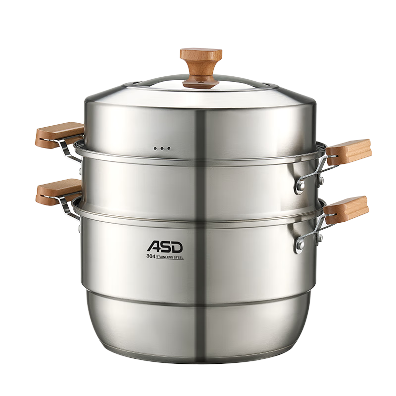ASD 304 Stainless Steel Three-Layer Steamer Pot 28CM Elevated Double-Layer Steamer Wooden Series G1