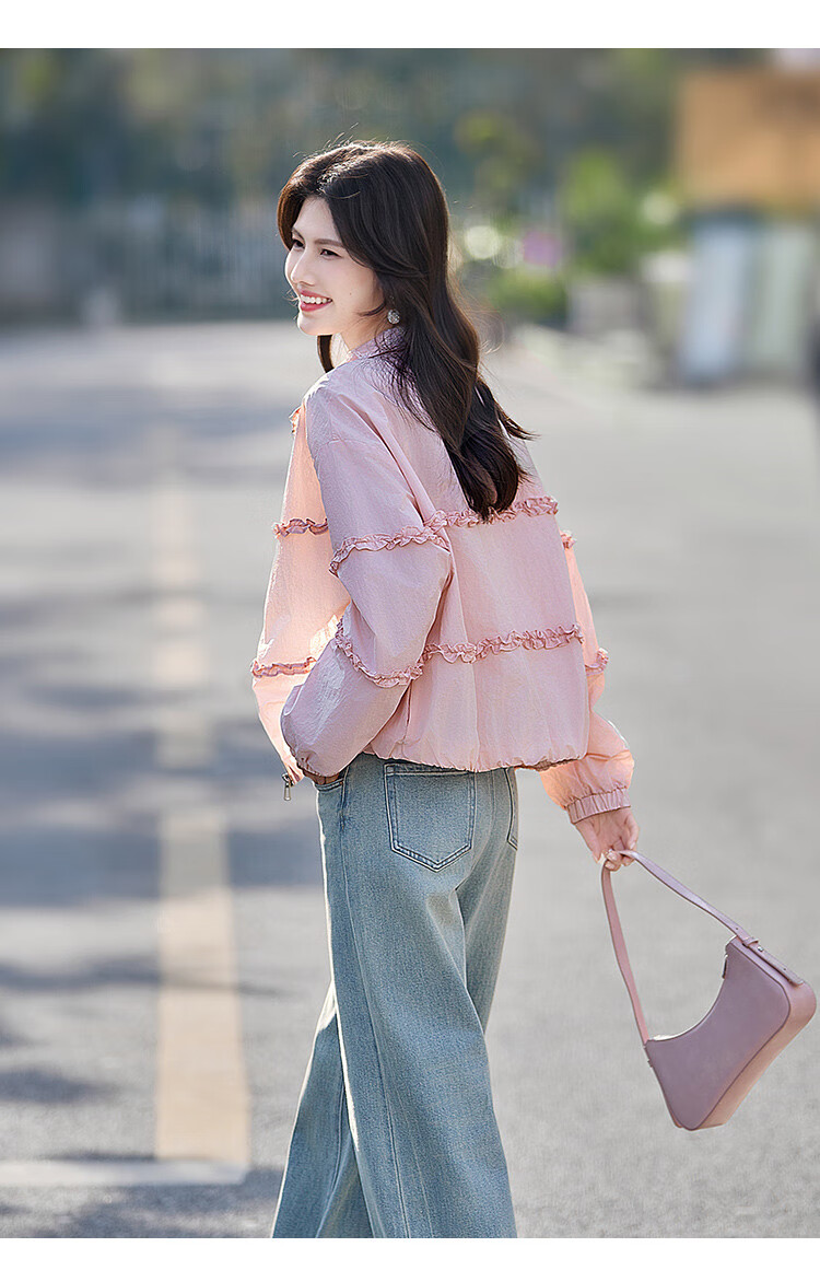 Shangjing Sweet Lace Trim Jacket, 2026 Summer New Lightweight Lace Patchwork Loose Sun Protection Coat for Women, Pink, S 7