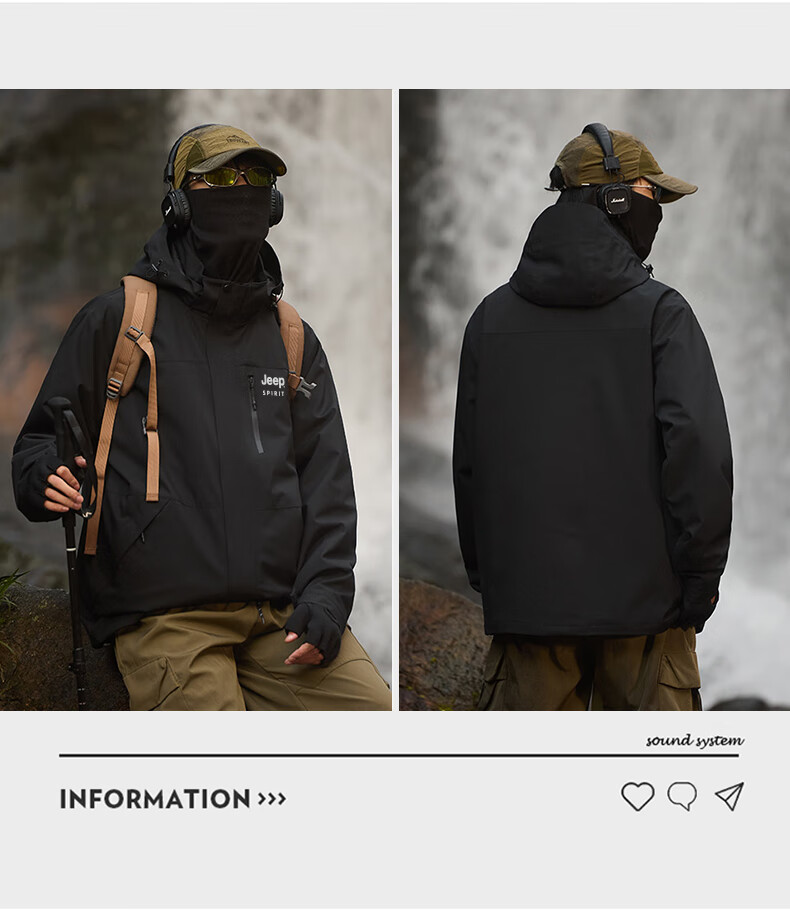 JEEP SPIRIT Men's Autumn Winter 3-in-1 Jacket Casual Sports Waterproof Mountaineering Jacket Black L 3