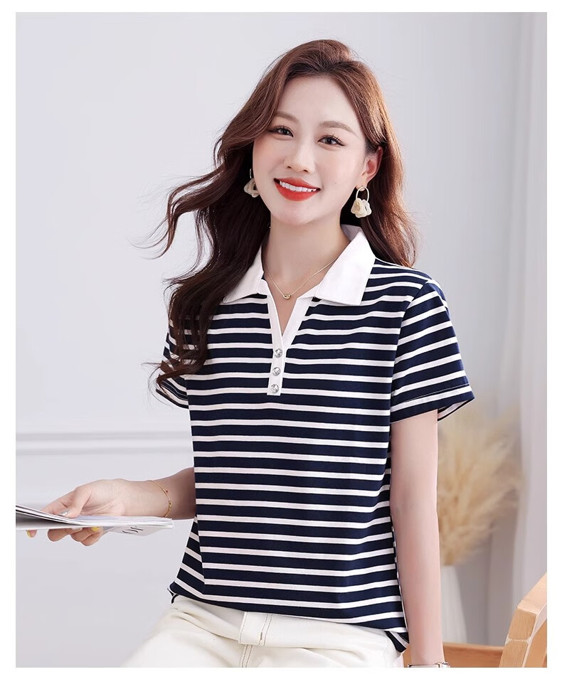 Woodpecker Pure Cotton Polo Collar Short Sleeve T-Shirt Women Summer Striped Polo Shirt Loose Plus Size Black White L 10
