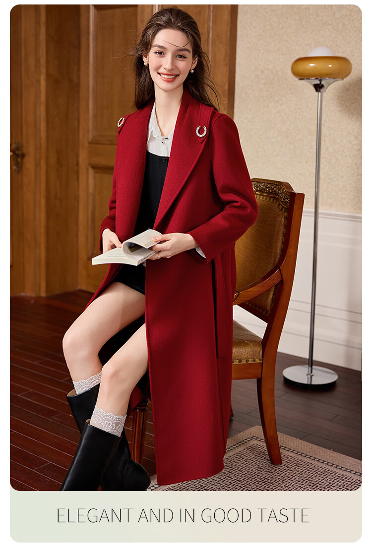 Bailu Elegant Commuter Double-Sided Wool 25 Winter New Belted Slim Fit 100% Wool Coat Women French Red L 4