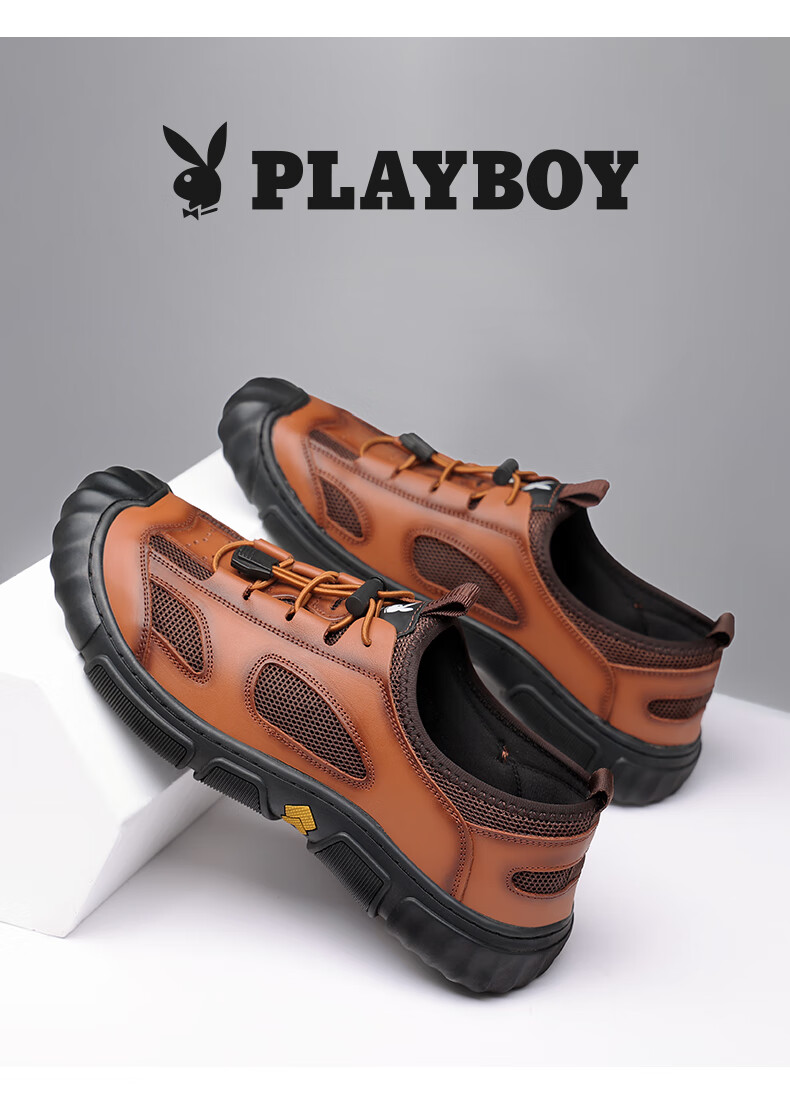 PLAYBOY Men's Shoes, Lightweight Breathable Hollow Business Sandals, Closed-Toe Genuine Leather Middle-Aged Dad Sandals, Dark Brown, Size 38 6