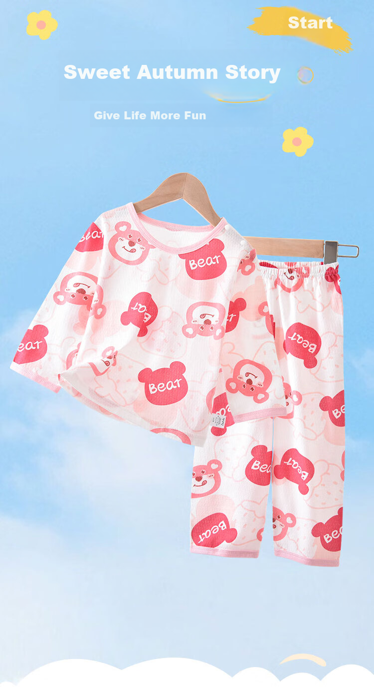 DEESHA [100% Cotton] Children's Pajamas, Girls' Spring And Summer Thin Pure Cotton Loungewear, Long-Sleeve Air Conditioning Suit Set 2