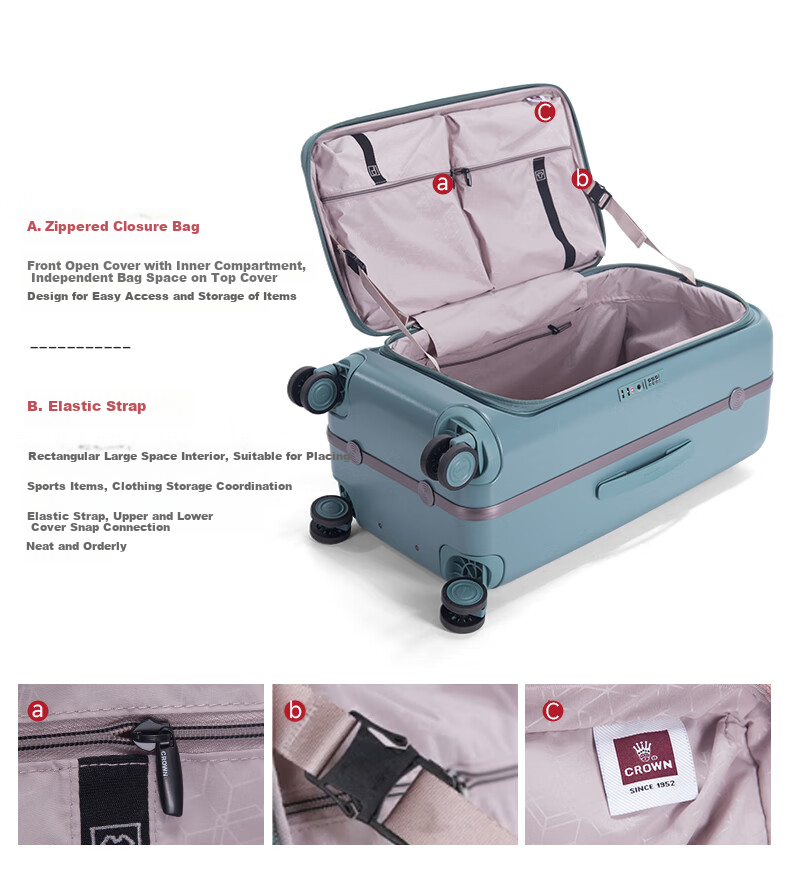 CROWN Side-Opening Suitcase, Aluminum Frame, Large Capacity, Summer Travel Luggage, 5292, Blue, 28 Inches, Requires Check-I 12